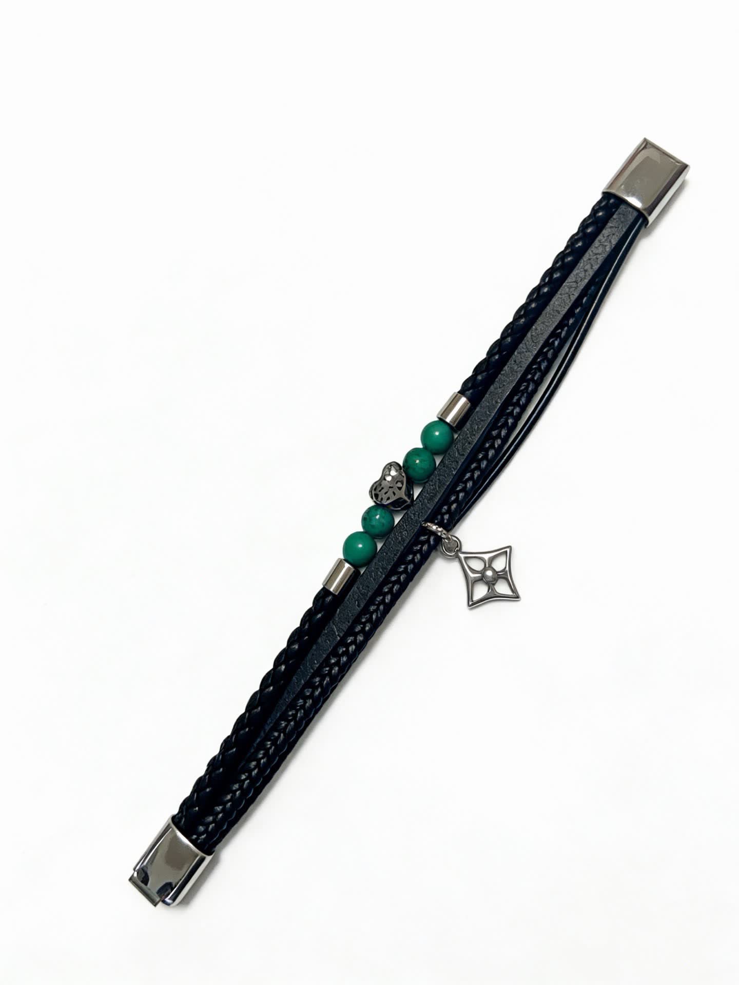 Louis Vuitton Men's Double Wrap Bracelet with Green Beads and Silver Charm